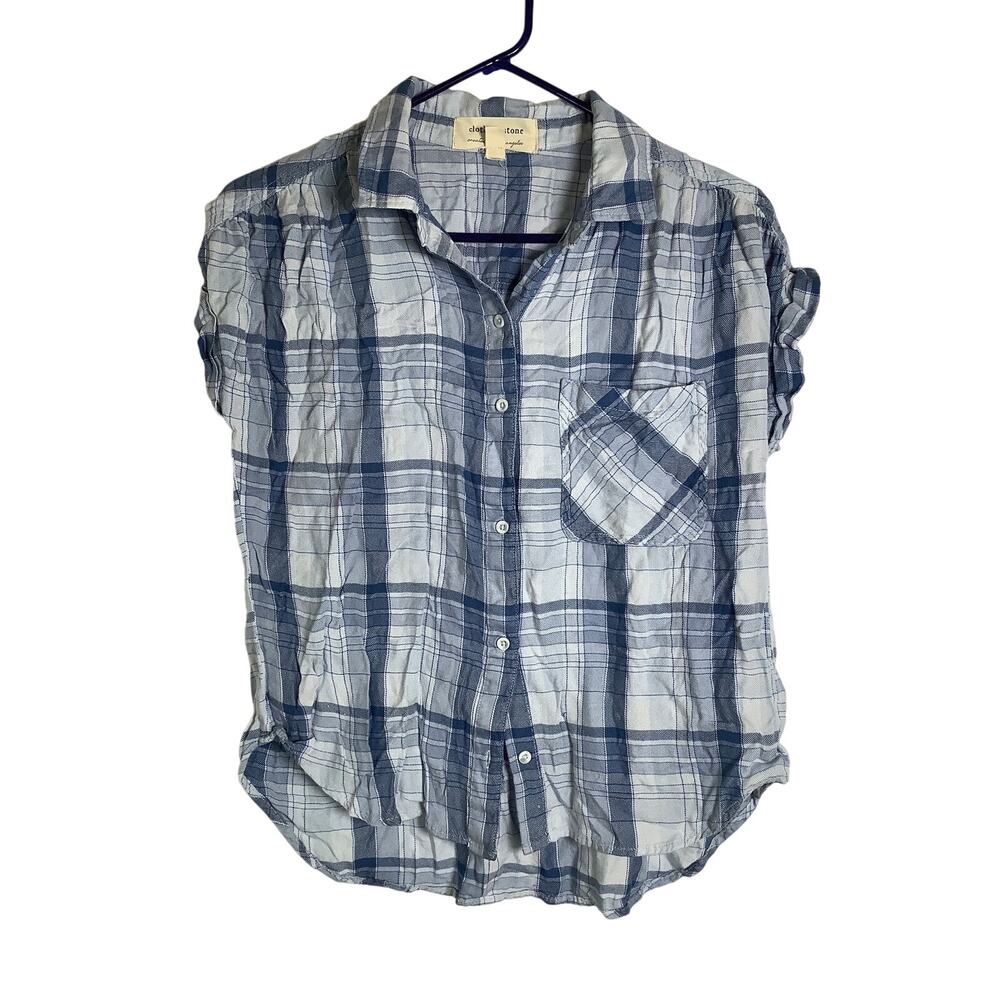 Cloth & Stone Women's S Blue Plaid Button Up Short Sleeve Shirt Boho Chic P8-14